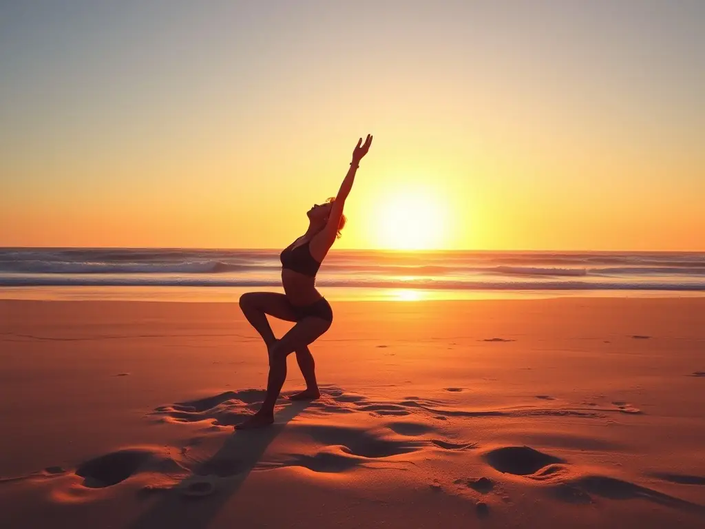 A serene image depicting a person practicing yoga at sunrise on a tranquil beach, symbolizing relaxation and inner peace.